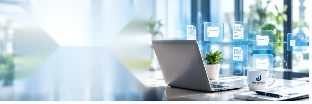 Modernes Büro mit Laptop und digitalen Buchhaltungsunterlagen